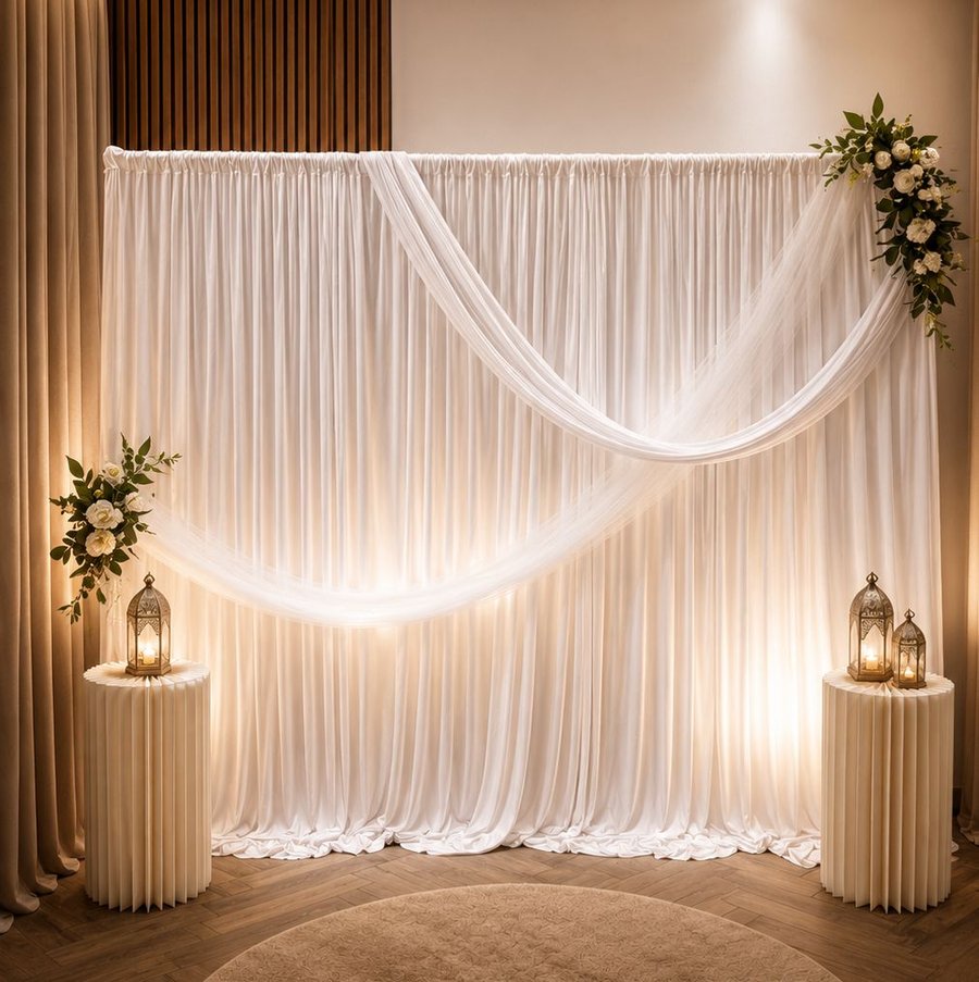 Bruiloftsdecoratie met witte gordijnen, bloemen en lantaarns door Maison Fes Breda